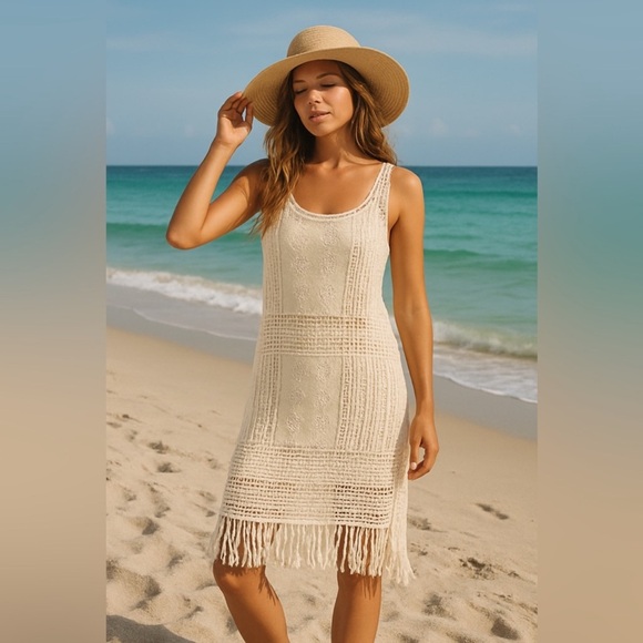 Lauren Ralph Lauren Cream Crochet Fringe Dress PS Boho Beachy - Picture 1 of 7